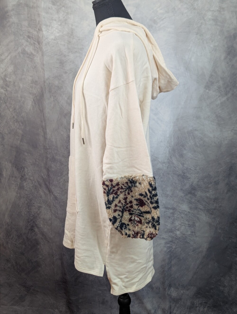 Anthropologie Cream Mini Hoodie Dress with Patterned Fluffy Fleece Sleeves